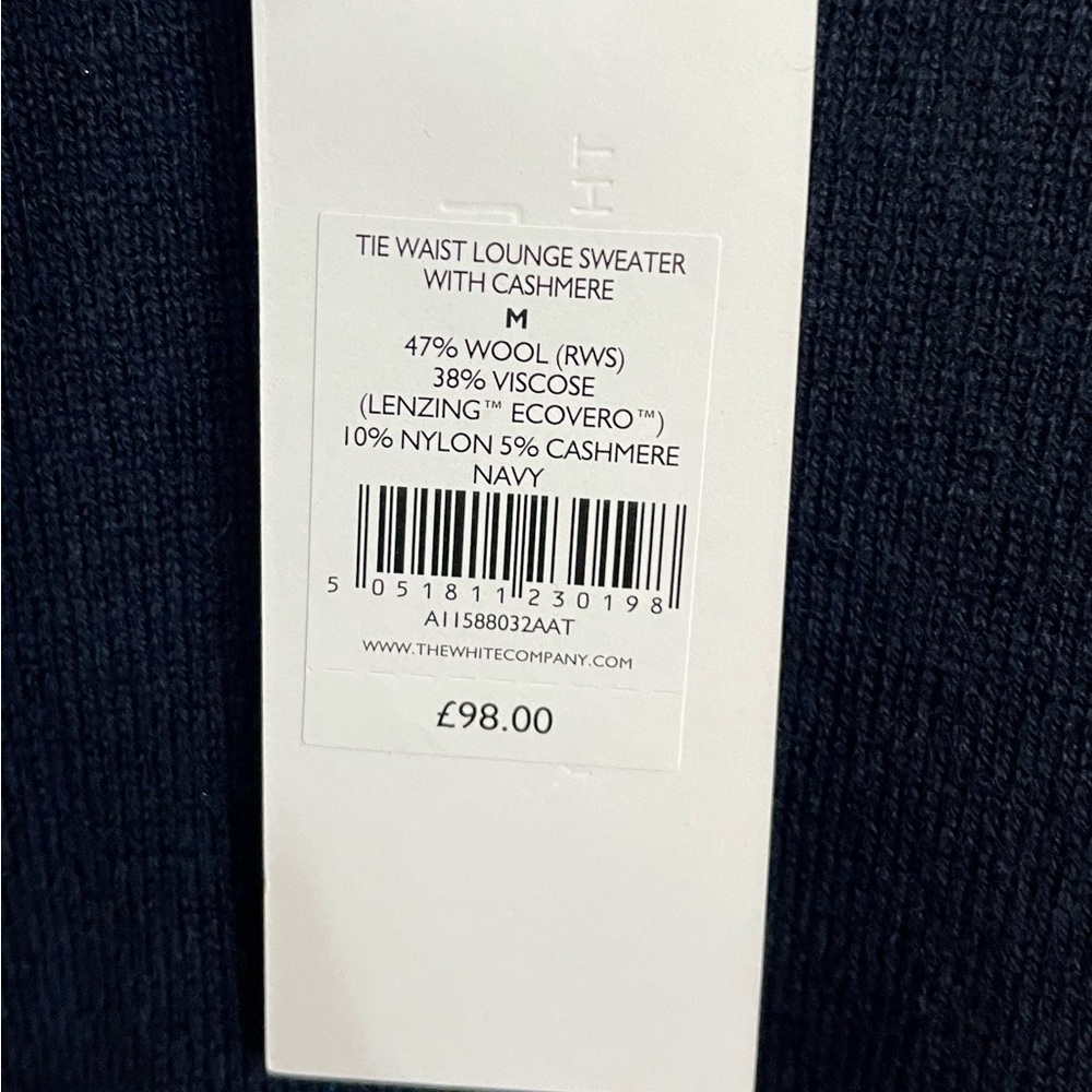The White Company Tie Waist Lounge Sweater with Cashmere Wool Navy Blue NWT - Picture 10 of 15